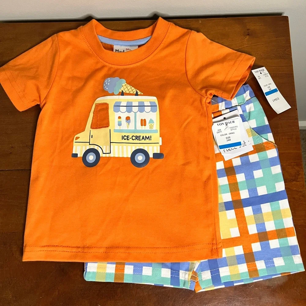 Minibamba 2 pc boys size 24 month shorts & orange shirt with ice cream truck NWT